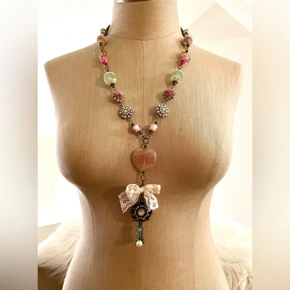 NEW!! Heart Pink Stone Necklace Peacock Earrings Set Handmade Design - Picture 4 of 15